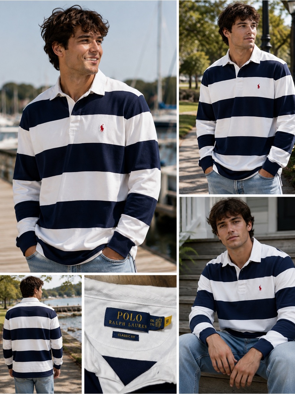 Ralph Lauren Men's Navy and White Striped Rugby Shirt